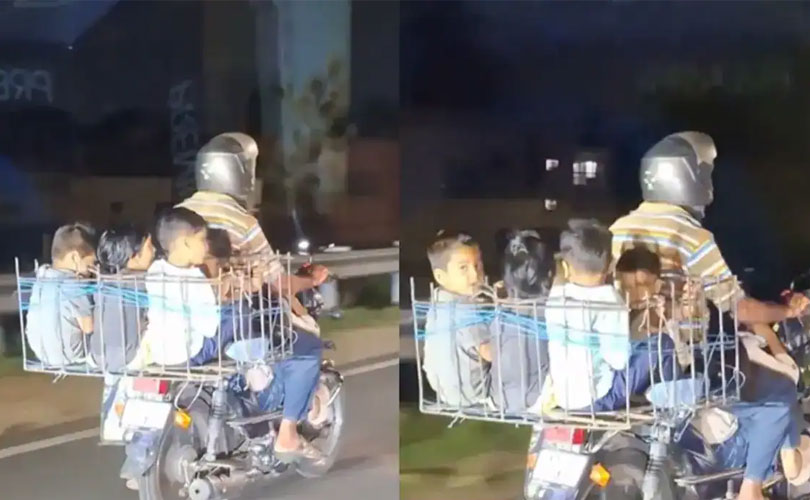 ഇരുചക്രവാഹനത്തിൽ അഞ്ച് കുട്ടികളെ ഇരുമ്പുകൂട്ടിലാക്കി യാത്ര; വീഡിയോ കണ്ട് ഞെട്ടി നെറ്റിസൺസ് 
