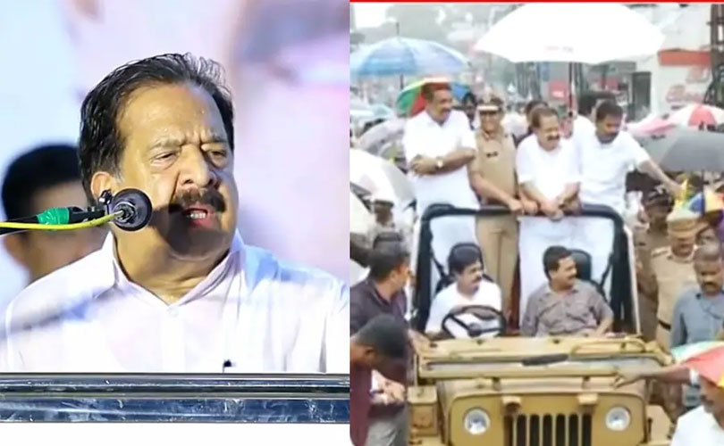 മഴയിലും ആവേശം; പെരുമ്പാവൂരിൽ തൂഫാൻ റാലിക്ക് നേതൃത്വം നൽകി രമേശ് ചെന്നിത്തല