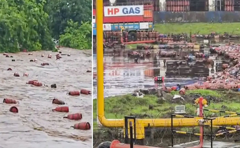 പുഴയിൽ ഒഴുകിയെത്തിയ എൽപിജി സിലിണ്ടറുകൾ വാരിക്കൂട്ടാൻ നാട്ടുകാരുടെ തിരക്ക് 