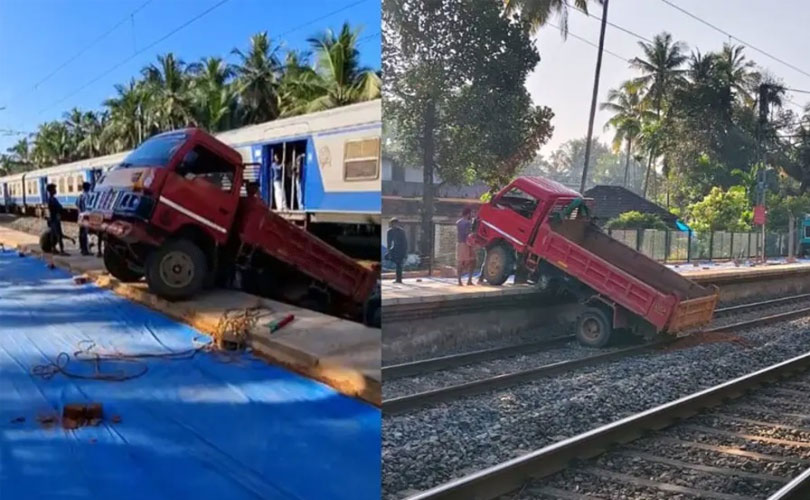 റെയിൽവേ ട്രാക്കിലേക്ക് ടിപ്പർ ലോറി മറിഞ്ഞു; ട്രെയിൻ ​ഗതാ​ഗതം തടസ്സപ്പെട്ടു 
