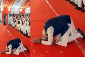 ബം​ഗാളിലെ വിജയത്തിന് മോദി നന്ദി അറിയിച്ചത് പൊതുജനങ്ങൾക്ക് മുന്നിൽ മുട്ടുകുത്തി നമസ്കരിച്ച്
