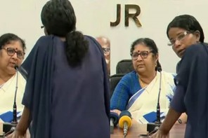 തൃശ്ശൂരിൽ മന്ത്രിമാരുടെ വാർത്താസമ്മേളനം തടസ്സപ്പെടുത്തി യുവതി 